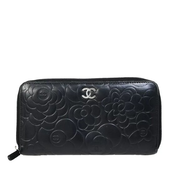 CHANEL CC Logo Camellia Pattern Zip Around Long Wallet Leather Black